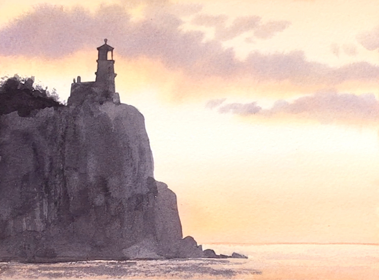 Aquarell (Lea Joos): Leuchtturm im Abendlicht