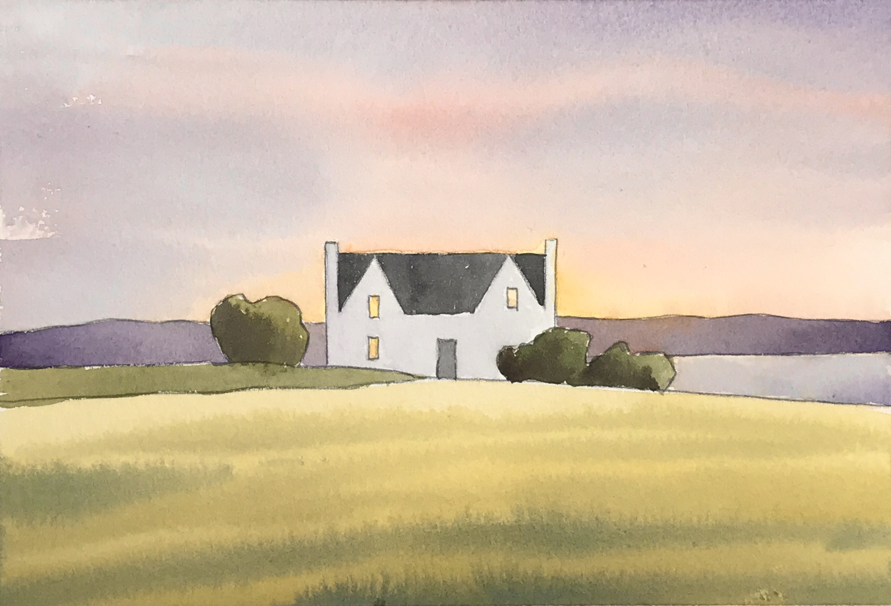 Aquarell (Lea Joos): Cottage mit Abendstimmung